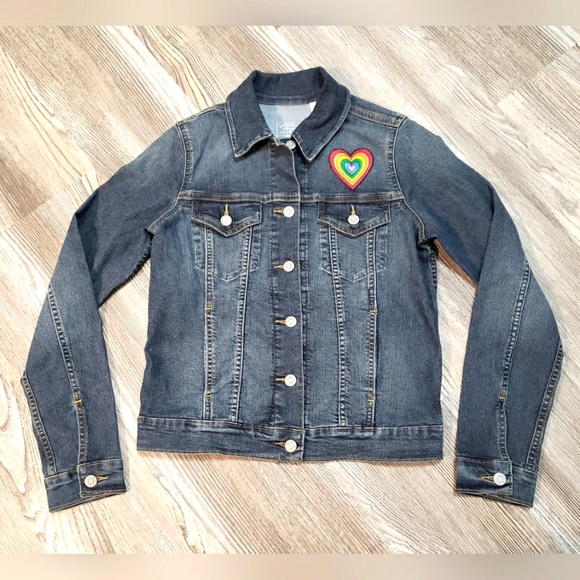 Levis Denim Stretch Jean Jacket Womens S Rainbow Heart Patch Medium Wash Classic - Picture 1 of 9